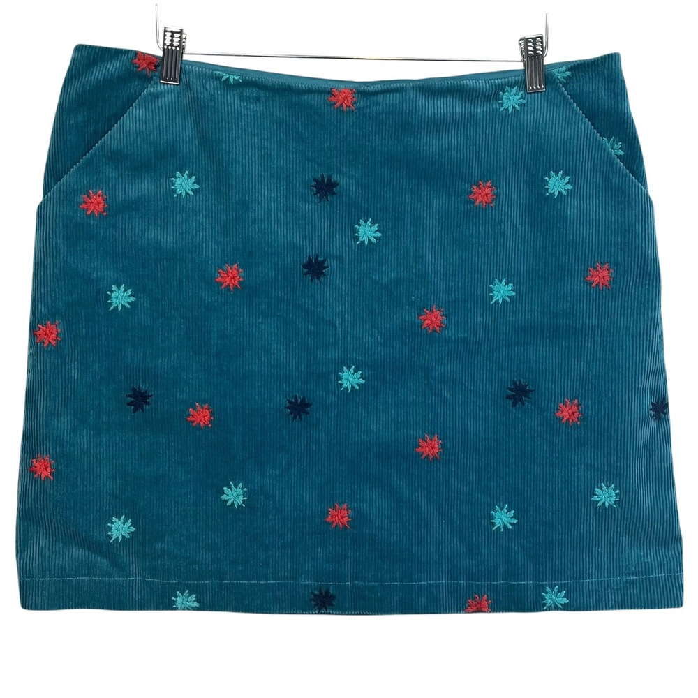 White Stuff Teal Blue Corduroy Embroidered Mini Skirt Womens UK 18 US 14
